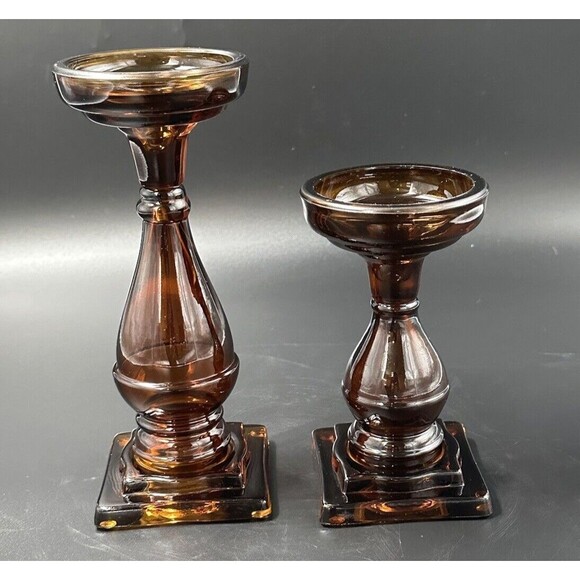 Vintage Amber Glass Candlestick Holders 2 Sizes Hold 3 Inch Diameter Candles - Picture 1 of 8